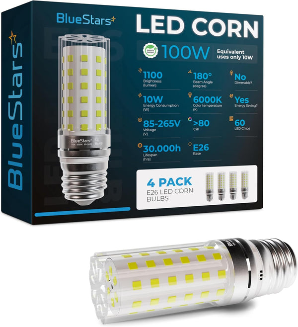 4 Pack BlueStars 10W (100 Watt Equivalent) LED Tubular Corn Light Bulbs, 1100 Lumens, 6000K Cool White, E26/E27