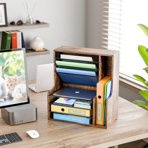 7 Simple Trending Tier Desk File Organizer, Wooden Letter Tray Paper Organizer with Adjustable File Holder, Mesh