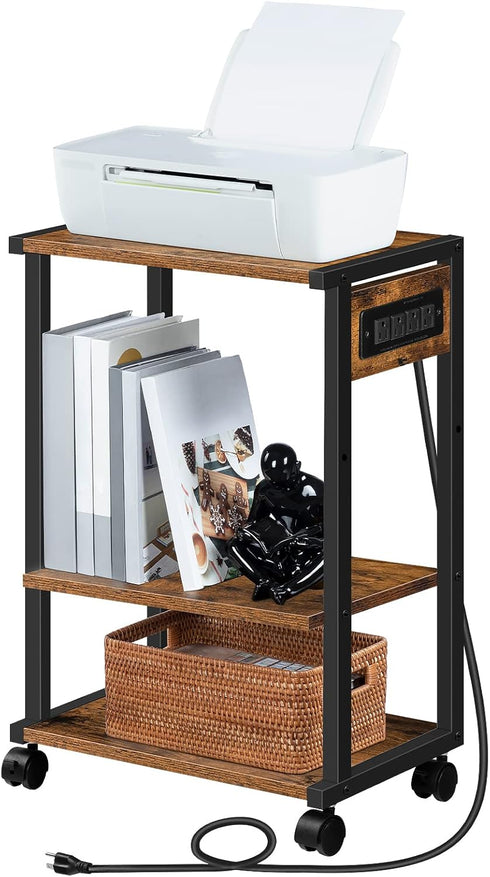HOOBRO 3-Tier Industrial Printer Stand with Charging Station, Rolling Printer Cart, Adjustable Shelf and Hook, Rustic
