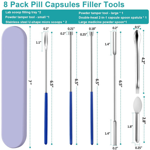 8 Piece Capsule Filling Machine Kits for Empty Pill Capsules, Home & Lab Supplies - Micro Tiny Spoon Spatula, Lab Scoop