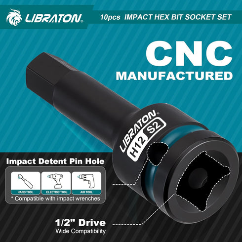 Set, 1/2" S2 10PCS H5-H19) LIBRATON Impact Hex Bit Socket Dr, Steel, High Torque Sockets(Metric for Professional