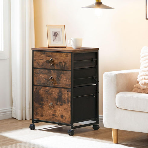 HOOBRO Vertical 3-Drawer Mobile File Cabinet, Rustic Brown Office Cabinet, Rolling Printer Stand, A4/Letter-Sized
