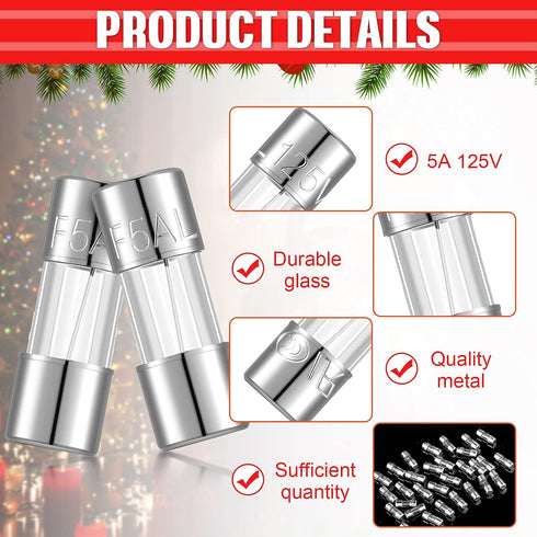 125 5 3.6 10 mm/ 0.14 0.39 Inch (30 Christmas Light Fuses Volt Amp Fast Blow Glass Kit for LED Outdoor String Lights, x
