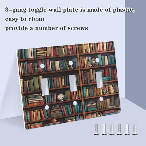 YETTASBIN 3-gang 6 Library Bookshelf Toggle Light Switch Cover, Unbreakable Wall Plate Cover with Screws for Living