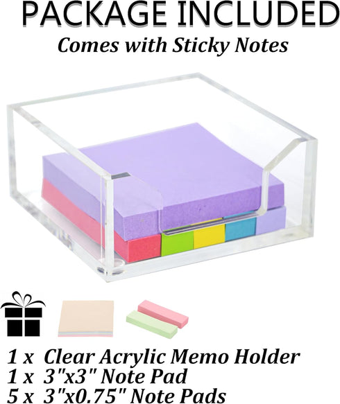 Clear Acrylic Sticky Notepad Holder, 3.94" x 3.94" x 1.77" for Office Desk Accessories, Acrylic Sticky Note Dispenser
