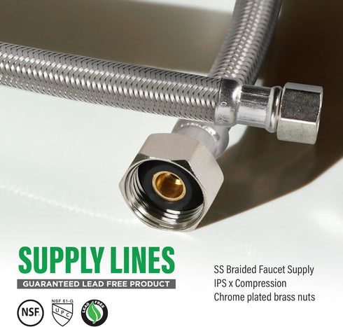Highcraft 8" Faucet Hose Connector, 1/2" IPS X 3/8" Comp FIP, Flexible Braided Stainless Steel Supply Line, Pack of 2