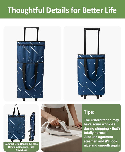 Dxiywa Foldable Rolling Bag, Portable Small Shopping Cart with Wheels, Collapsible Shopping Tote with Stylish Pattern
