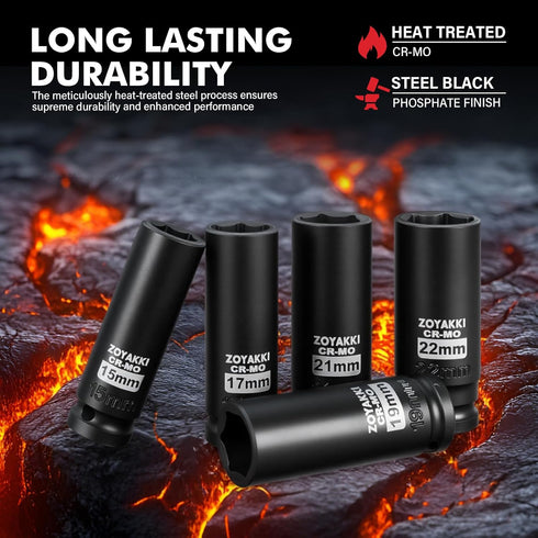 4-Piece 1/2 Inch Set,CR-MO 6-Point 17-19-21-22mm Set Drive Impact Socket Steel Deep Socket,Metric Hexagon Deep Socket