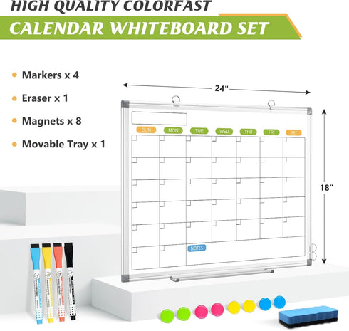 Magnetic Dry Erase Calendar Whiteboard - 24" x 18" Monthly Calendar, Wall Hanging Silver Aluminum Frame for Planning