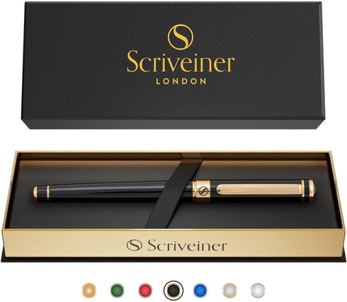 Scriveiner Black Lacquer Rollerball Pen, Luxury Pen with 24K Gold Finish, Schmidt Ink Refill, Best Gift Set for Men
