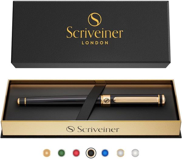 Scriveiner Black Lacquer Rollerball Pen, Luxury Pen with 24K Gold Finish, Schmidt Ink Refill, Best Gift Set for Men