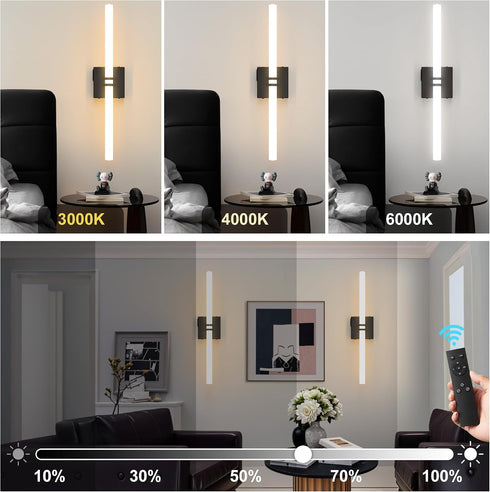 1Pack, Dimmable 22 Inch 3000K-6000K Battery Operated Wall Sconce Black Rechargeable Wall Lights with Remote Control