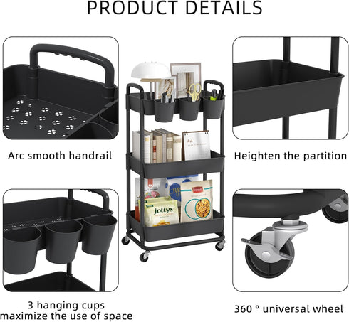 JIUYOTREE 3-Tier Plastic Rolling Storage Cart, Utility Cart with Extra Hanging Cups and Lockable Wheels for Kitchen and