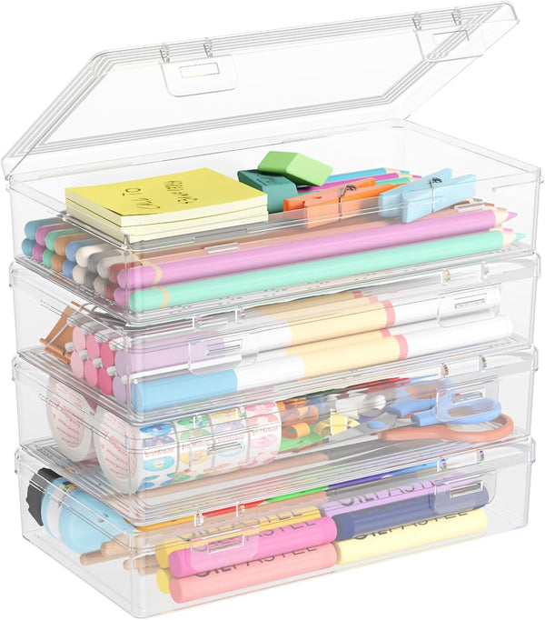 Lifewit Large Capacity Plastic Pencil Box with Snap-tight Lid, Stackable Craft Organizer for Art Supplies, 4 Pack