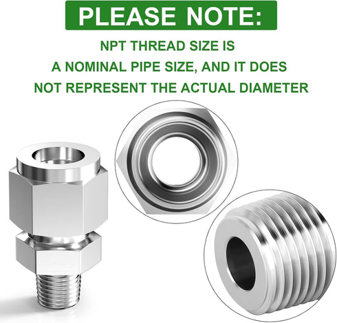 TAISHER 2PCS 304 Stainless Steel Compression Tube Pipe Fitting Connector, 1/2" Tube OD x 1/4" NPT Male