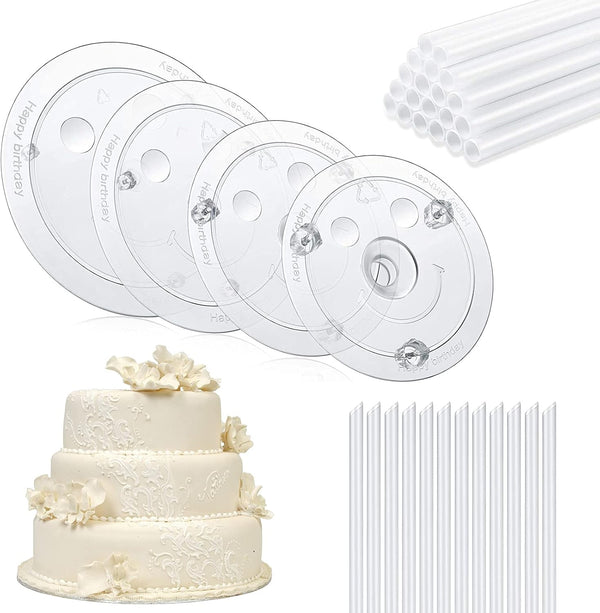 QPEY Cake Sticks Support Rods with 4PCS White Plastic Cake Separator Plates, 32 PCS Rods for Multi-Tiered Cake