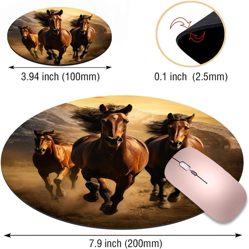 Running Horse Design Round Mouse Pad with Coasters Set, Non-Slip Rubber Mousepad for Office Desk Decor