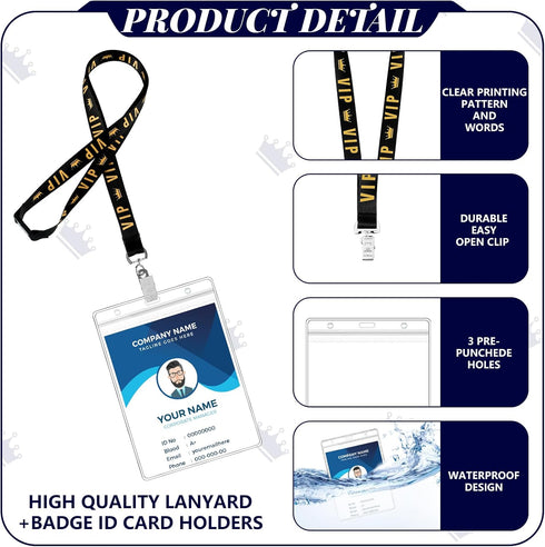 Kosiz 25 Set VIP Badge Lanyards with 4 x 6 Inch Clear Credential Holders, Breakaway Black Lanyard for Events