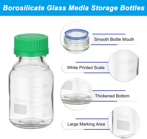 PATIKIL 6 Pack Reagent Media Storage Bottles, 250ml Borosilicate Glass Graduated Round Bottles with GL32 Green Cap