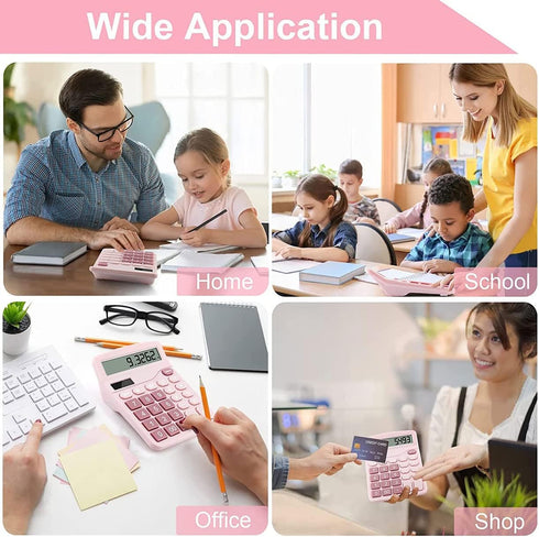 Office Desktop Calculators, 12-Digit Dual Power Cute Calculator with Large LCD Display and Big Button (Pink)
