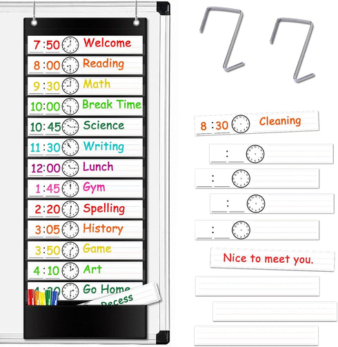 Daily Schedule Pocket Chart with 13+1 Pockets, 18 Dry Eraser Cards, Over Door Mountings for Classroom, Office (Black)