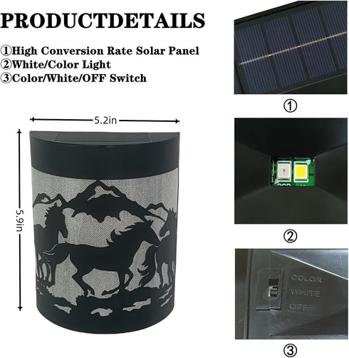 (2 Pack) Horse Solar Wall Lights,Solar Fence Lights Outdoor Waterproof for Deck Steps Fence Garage Backyard Porch