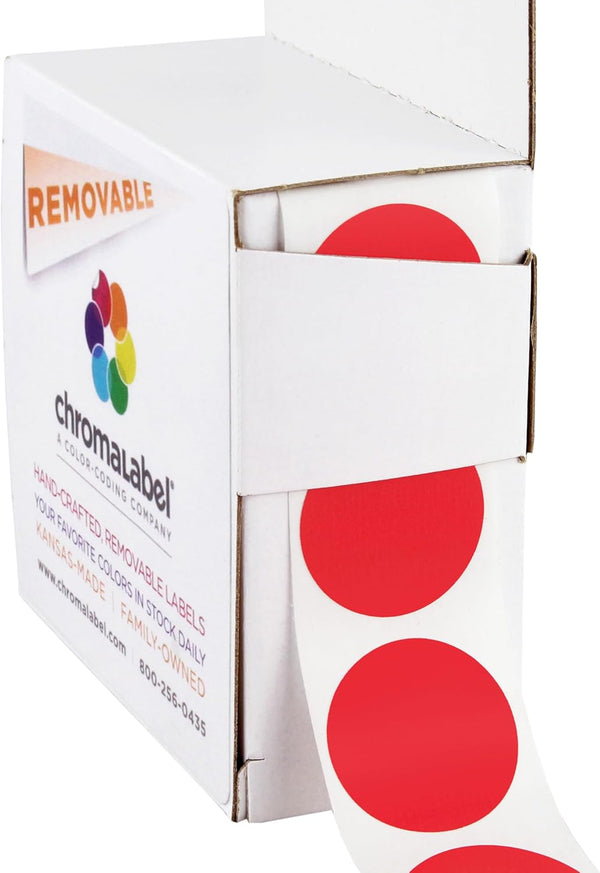 ChromaLabel 1 Inch Round Colored Stickers, Removable Sticky Dots for Arts and Crafts - 1000 Colored Labels, Red