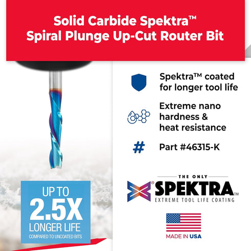 Amana Tool 46315-K, 1/4DX1/4Shk Upcut Spiral SPEK