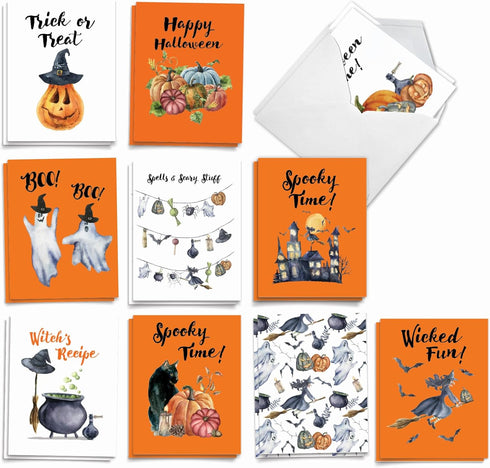 The Best Card Company 20 Happy Halloween Note Cards Boxed 10 Designs Spooky Notecard Assortment 4 x 5.12 Inch