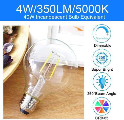 G25 Dimmable Bulb, 40 5000K,350LM, E26 G80 Bulb, 6-Pack E ENERGETIC LIGHTING LED Globe Edison Light Watt Equivalent