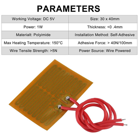 15pcs 30mmx40mm Film Heater Plate Adhesive Pad, PI Heating Elements Film 5V 1W Strip Heater