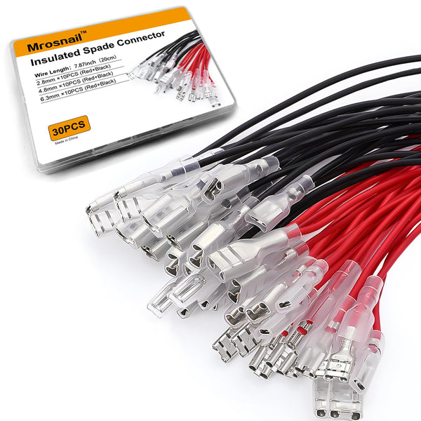 30Pcs Female Spade Crimp Terminals, 2.8mm/4.8mm/6.3mm, Red/Black 18AWG Wires for Automotive and Electrical Use