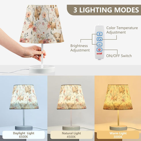 Bedside Lamp Cute Highland Cows Flowers Table Lamp Bedroom LED Nightstand Desk Lamp Lampshade for Sleeping Living Room