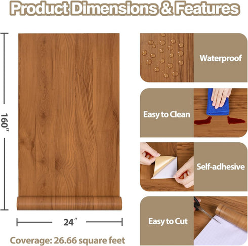 Countertops 24"x160" Chestnut Wood Contact Paper Peel and Stick Brown Wood Vinyl Wrap for Desk Cabinets Wide Removable