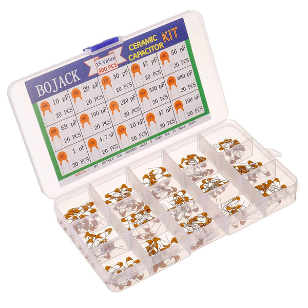 BOJACK 300 Pcs Ceramic Capacitor Assortment Kit - 15 Values Including 10 to 100 nF Multilayer Capacitors