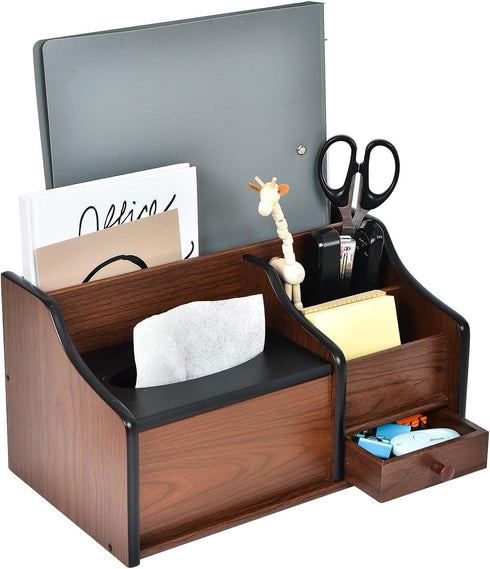 Cherry Brown Wood Desk Organizer, Tissue Box Lid with Multiple Slots Drawer for Phone Tablet Remote Control Storage
