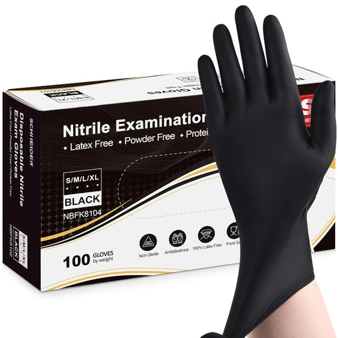 Schneider Nitrile Exam Gloves, Black Medium Box of 100, Disposable Latex Free Food Safe Rubber Gloves