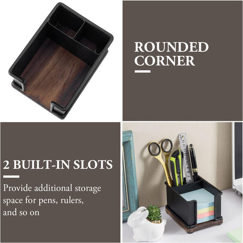 MyGift Modern Industrial Matte Black Metal Office Organizer, Sticky Note Holder with Rustic Solid Wood Base