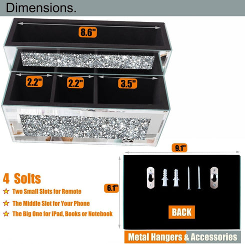 Mirrored Remote Holder, Wall or Tabletop Mounted Organizer with Crush Diamond Bling Decoration, 4 Slots in 3 Sizes,