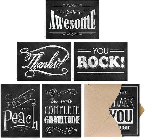 Retro Chalkboard Thank You Card Pack, 36 Greeting Cards with Brown Kraft Envelopes, Vintage Designs