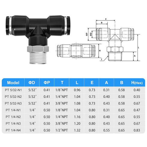 TAILONZ PNEUMATIC Male Branch Tee Push to Connect Fittings, 1/4 Inch Tube OD x 1/8 Inch NPT Thread (Pack of 10)