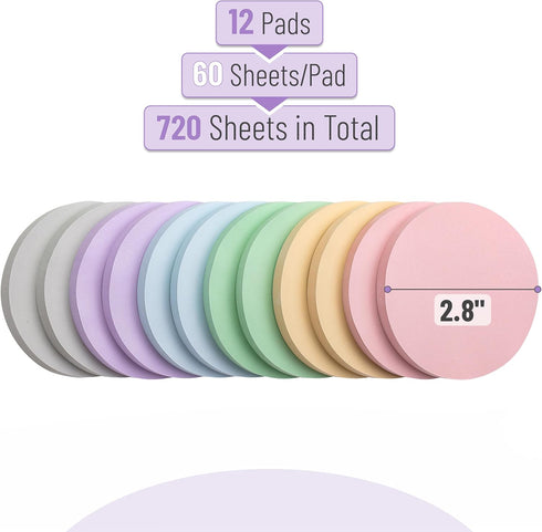 Mr. Pen- Round Sticky Notes, 12 Pads, 720 Sheets, Pastel Color, 2.8" x 2.8" Colorful Sticky Notes Bulk, Circle Sticky Notes, Sticky Note, Self-Stick Note Pads, Sticky Pads Sticky Notes Aesthetic