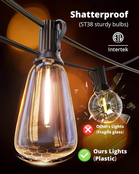 60FT 26+2 ST38 Bulbs, 2700K VIPAR Outdoor String Lights LED Patio Lights LED Waterproof with Shatterproof Edison