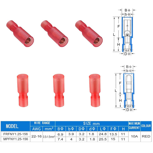 100 Pcs Bullet Connectors, Quick Connect & Disconnect Electric Terminals, 22-16 AWG, Nylon Fully Insulated Female &