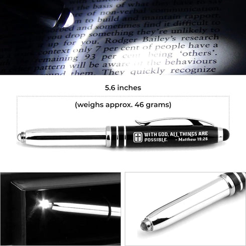 Matthew 19:26 Gift Pen - LED Light and Stylus Tip, Inspirational Religious Bible Gift for Christian Man Woman