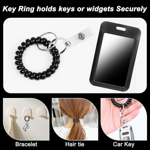 Wrist Coil ID Badge Holder with Card Strap & Key Ring, Plastic Stretchable Spring Wristband Keychain