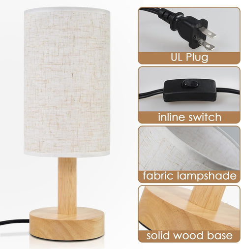 Set 2,Natural Shade,Cozy Small Bedside Table Lamps for Bedroom of Round Wood Base&Fabric Linen Night Light for Study