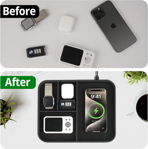 VOVIPO Birthday Gifts Bedside Organiser-Faux Leather Valet Tray With Wireless Charger For Phone And Earbuds,Nightstand