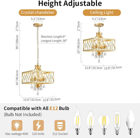 K9 Farmhouse Crystal Chandelier Gold Modern Crystal Ceiling Chandelier Lighting Fixture, Hanging Pendant Light Fixture