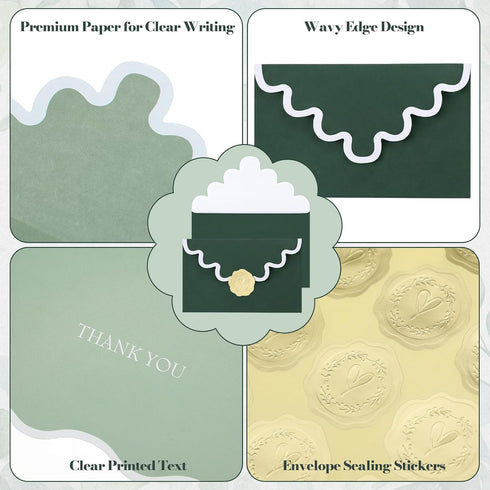 50 Sets 5 3.5 Inch 5 Fumete Green Wavy Thank You Cards with Envelopes and Stickers x Colors Thank You Cards Blank Notes